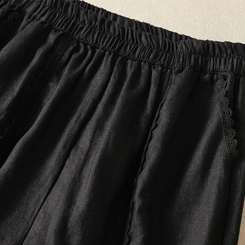 Pantalones harén de lino y algodón para mujer, informales, con diseño de encaje lateral, de Buddha Stones, de largo 7-8 y bolsillos