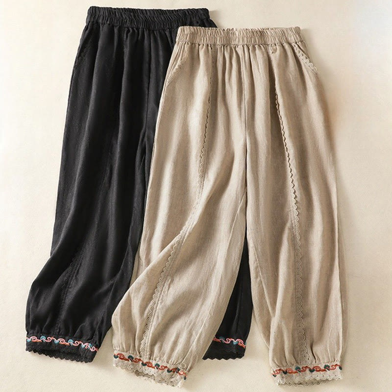 Pantalones harén de lino y algodón para mujer, informales, con diseño de encaje lateral, de Buddha Stones, de largo 7-8 y bolsillos