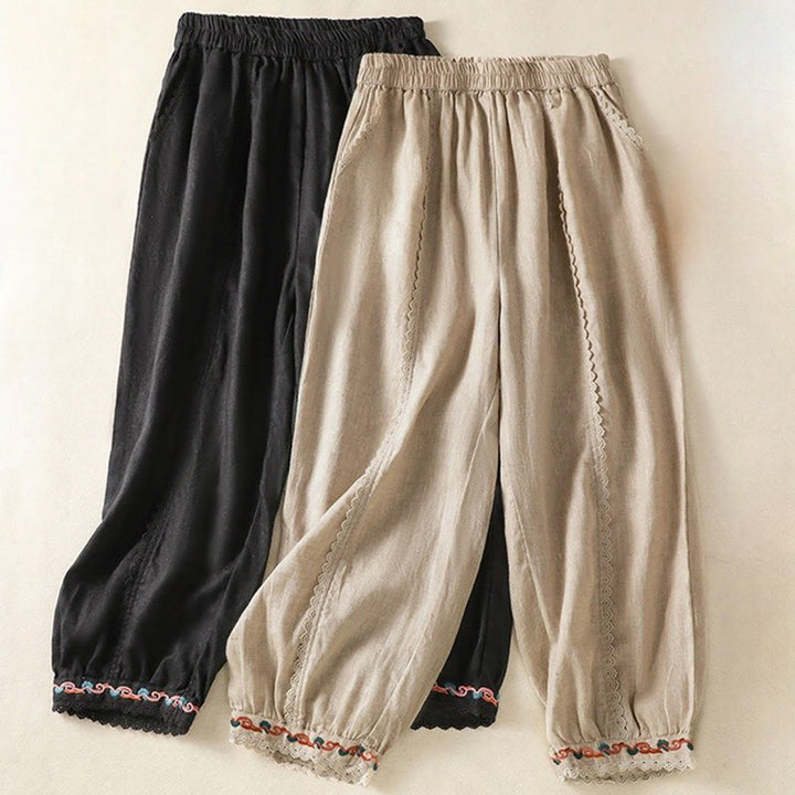 Pantalones harén de lino y algodón para mujer, informales, con diseño de encaje lateral, de Buddha Stones, de largo 7-8 y bolsillos