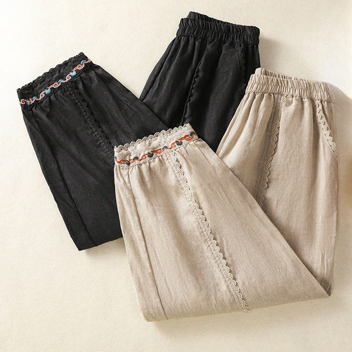 Pantalones harén de lino y algodón para mujer, informales, con diseño de encaje lateral, de Buddha Stones, de largo 7-8 y bolsillos