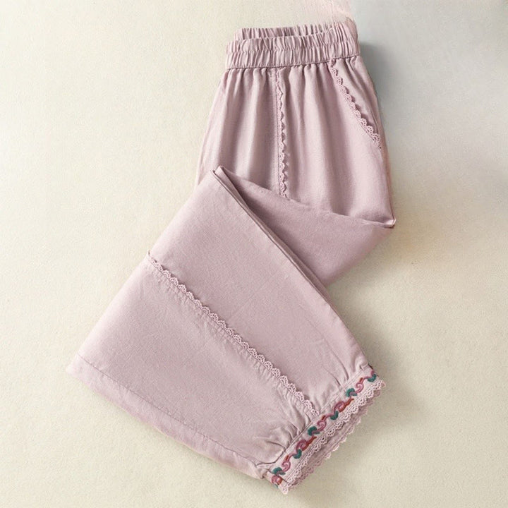 Pantalones harén de lino y algodón para mujer, informales, con diseño de encaje lateral, de Buddha Stones, de largo 7-8 y bolsillos