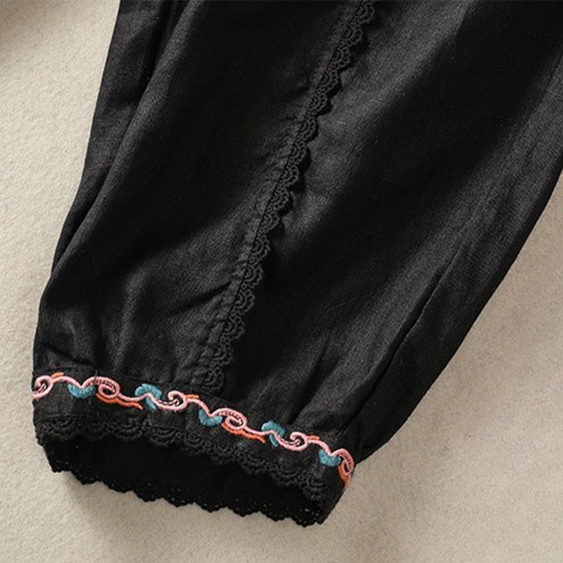 Pantalones harén de lino y algodón para mujer, informales, con diseño de encaje lateral, de Buddha Stones, de largo 7-8 y bolsillos