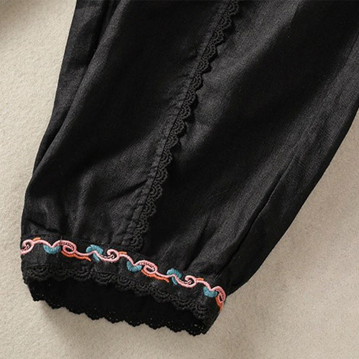 Pantalones harén de lino y algodón para mujer, informales, con diseño de encaje lateral, de Buddha Stones, de largo 7-8 y bolsillos