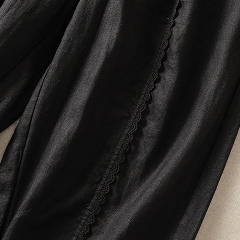 Pantalones harén de lino y algodón para mujer, informales, con diseño de encaje lateral, de Buddha Stones, de largo 7-8 y bolsillos