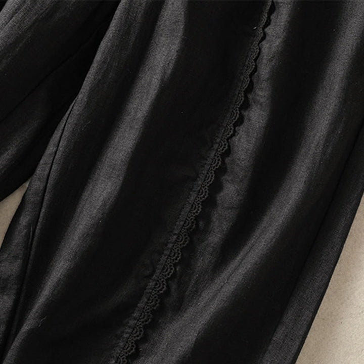 Pantalones harén de lino y algodón para mujer, informales, con diseño de encaje lateral, de Buddha Stones, de largo 7-8 y bolsillos