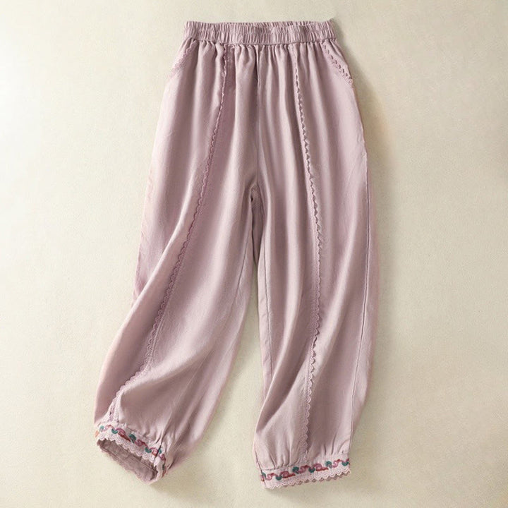 Pantalones harén de lino y algodón para mujer, informales, con diseño de encaje lateral, de Buddha Stones, de largo 7-8 y bolsillos
