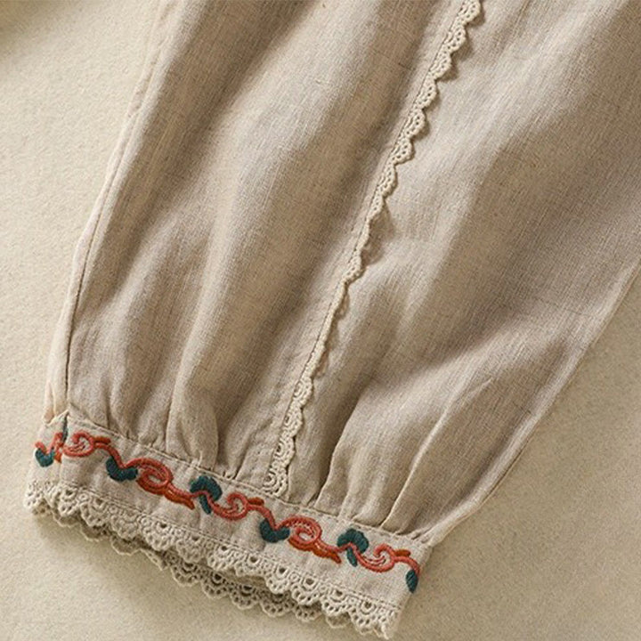 Pantalones harén de lino y algodón para mujer, informales, con diseño de encaje lateral, de Buddha Stones, de largo 7-8 y bolsillos