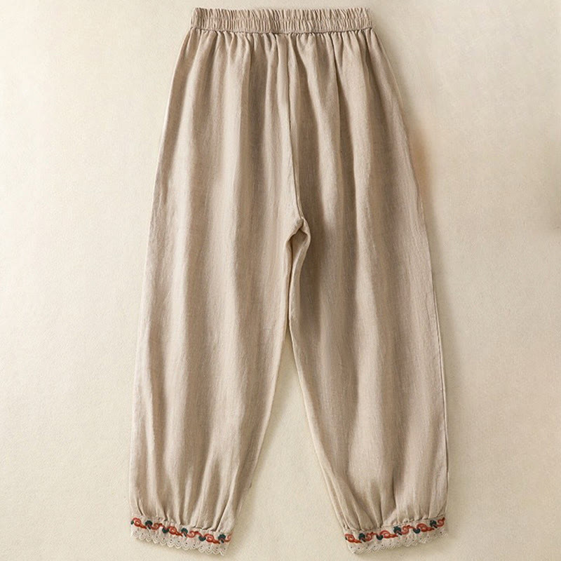 Pantalones harén de lino y algodón para mujer, informales, con diseño de encaje lateral, de Buddha Stones, de largo 7-8 y bolsillos