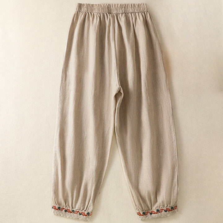 Pantalones harén de lino y algodón para mujer, informales, con diseño de encaje lateral, de Buddha Stones, de largo 7-8 y bolsillos