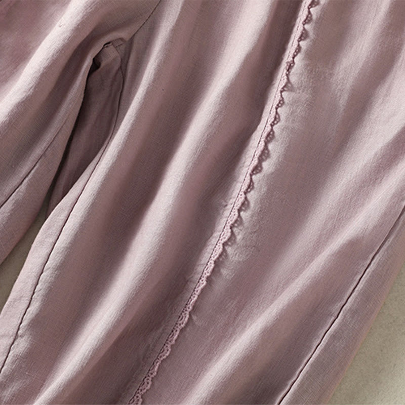 Pantalones harén de lino y algodón para mujer, informales, con diseño de encaje lateral, de Buddha Stones, de largo 7-8 y bolsillos