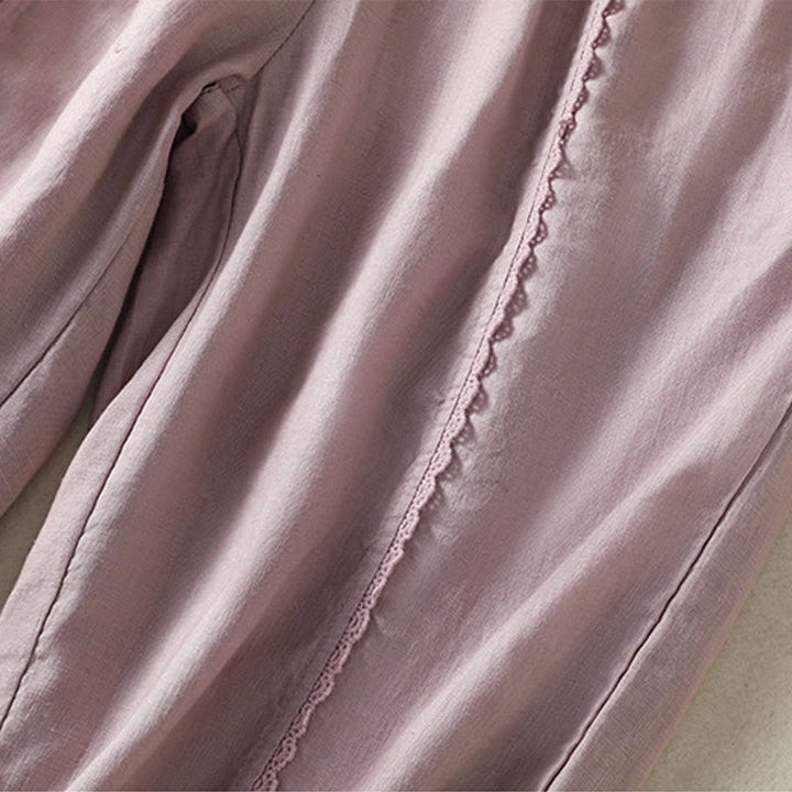 Pantalones harén de lino y algodón para mujer, informales, con diseño de encaje lateral, de Buddha Stones, de largo 7-8 y bolsillos