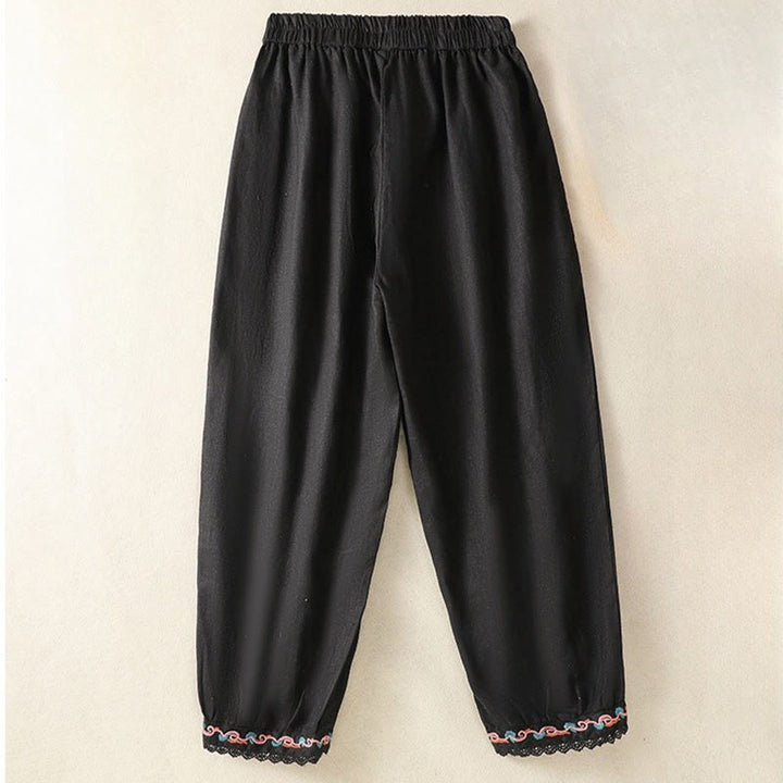 Pantalones harén de lino y algodón para mujer, informales, con diseño de encaje lateral, de Buddha Stones, de largo 7-8 y bolsillos