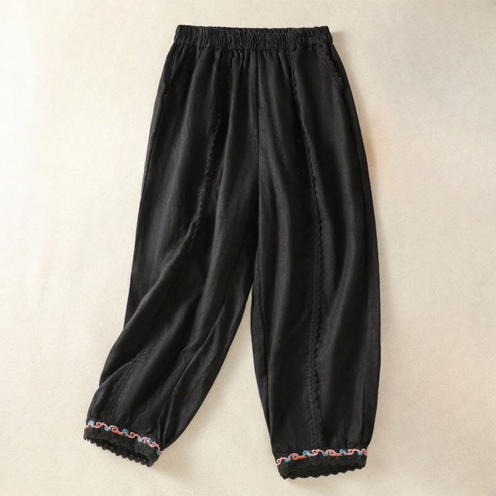 Pantalones harén de lino y algodón para mujer, informales, con diseño de encaje lateral, de Buddha Stones, de largo 7-8 y bolsillos