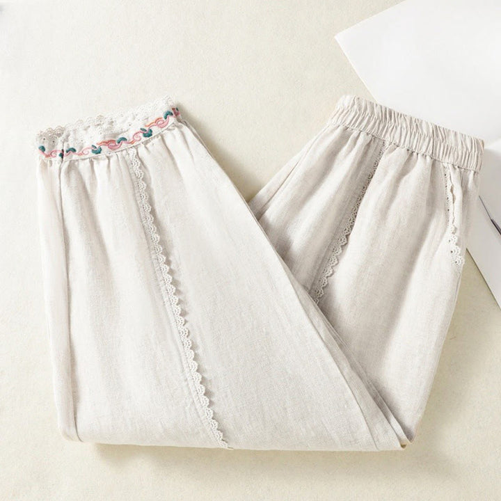Pantalones harén de lino y algodón para mujer, informales, con diseño de encaje lateral, de Buddha Stones, de largo 7-8 y bolsillos