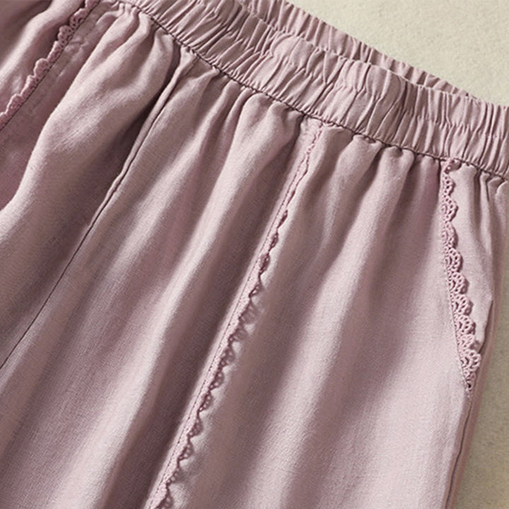 Pantalones harén de lino y algodón para mujer, informales, con diseño de encaje lateral, de Buddha Stones, de largo 7-8 y bolsillos