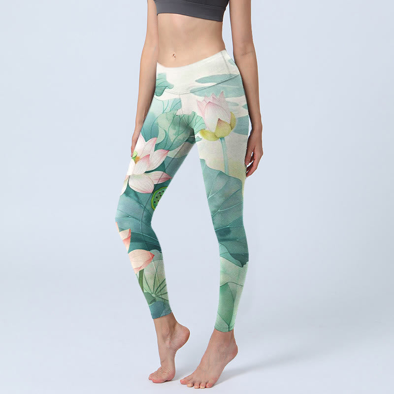 Leggings de yoga para mujer con estampado de Buddha Stones de loto, hojas y vainas de loto - Crema de menta - US18，UK/AU22，EU50 (4XL) - image 1
