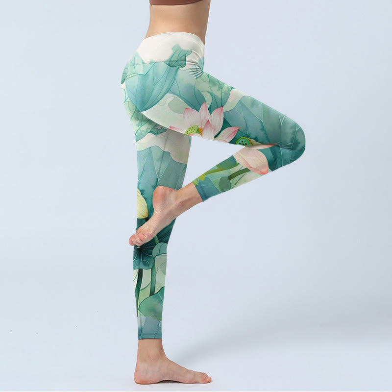 Leggings de yoga para mujer con estampado de Buddha Stones de loto, hojas y vainas de loto - image 5