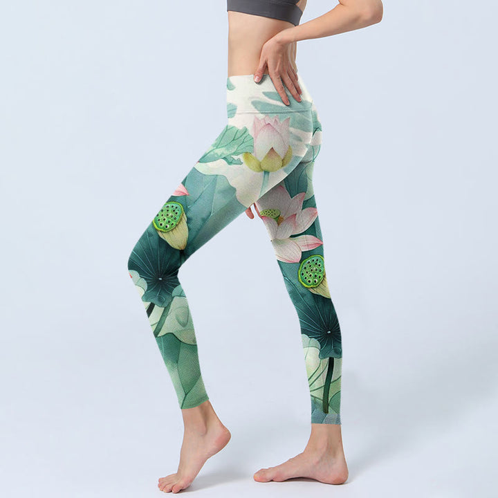 Leggings de yoga para mujer con estampado de Buddha Stones de loto, hojas y vainas de loto - image 2
