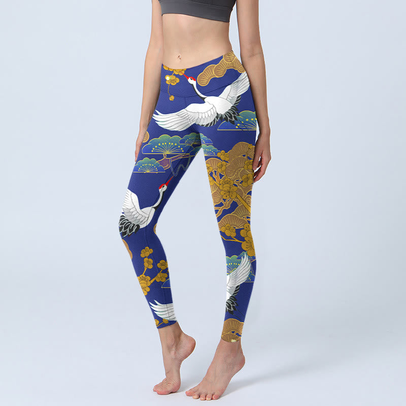 Leggings de yoga para mujer con estampado de flores de pino, grulla de corona roja y piedras de Buddha Stones - Azul medio - US18，UK/AU22，EU50 (4XL) - image 0