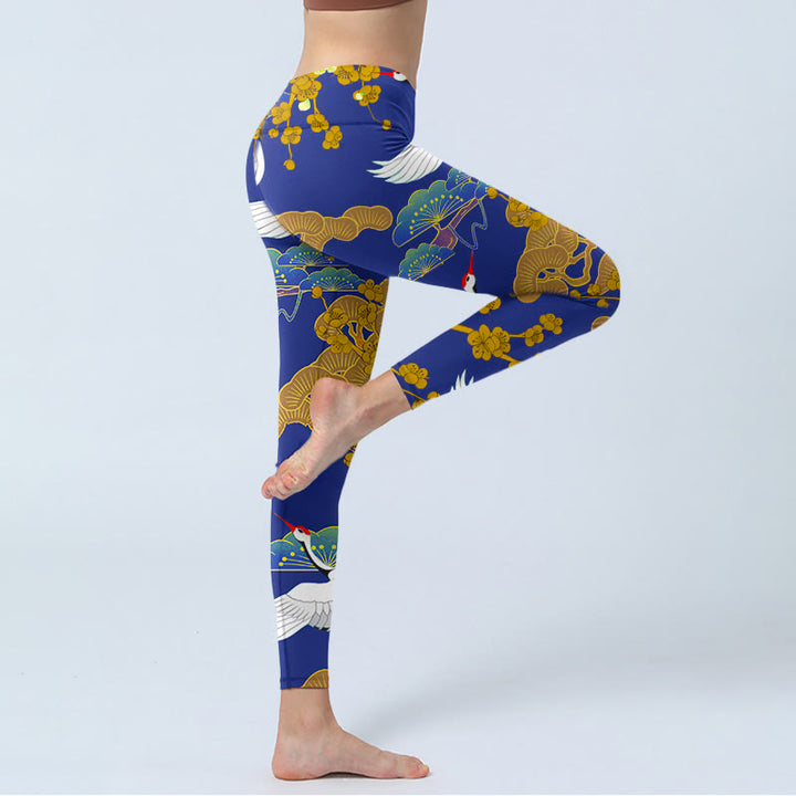 Leggings de yoga para mujer con estampado de flores de pino, grulla de corona roja y piedras de Buddha Stones - image 3