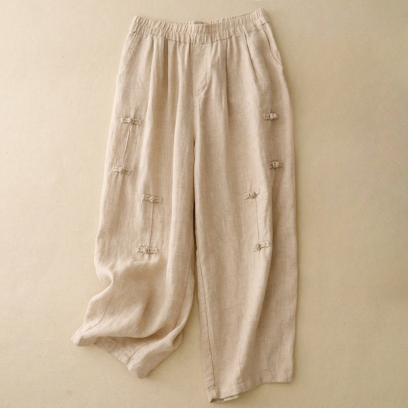 Pantalones harén de lino y algodón para mujer, informales, con diseño de botones de rana, de Buddha Stones, de largo 7-8 y bolsillos - Trigo - US8-10，UK/AU12-14，EU40-42 (2XL) - image 7