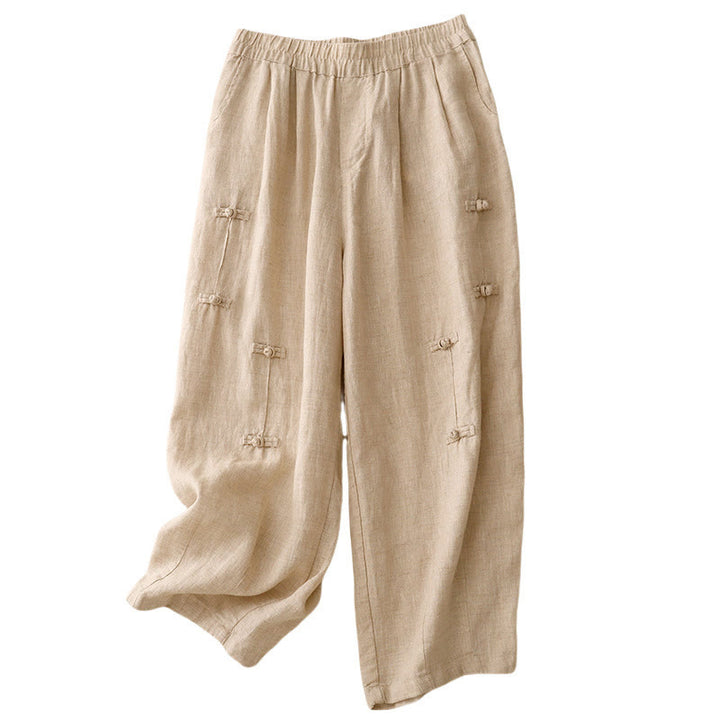 Pantalones harén de lino y algodón para mujer, informales, con diseño de botones de rana, de Buddha Stones, de largo 7-8 y bolsillos - image 16