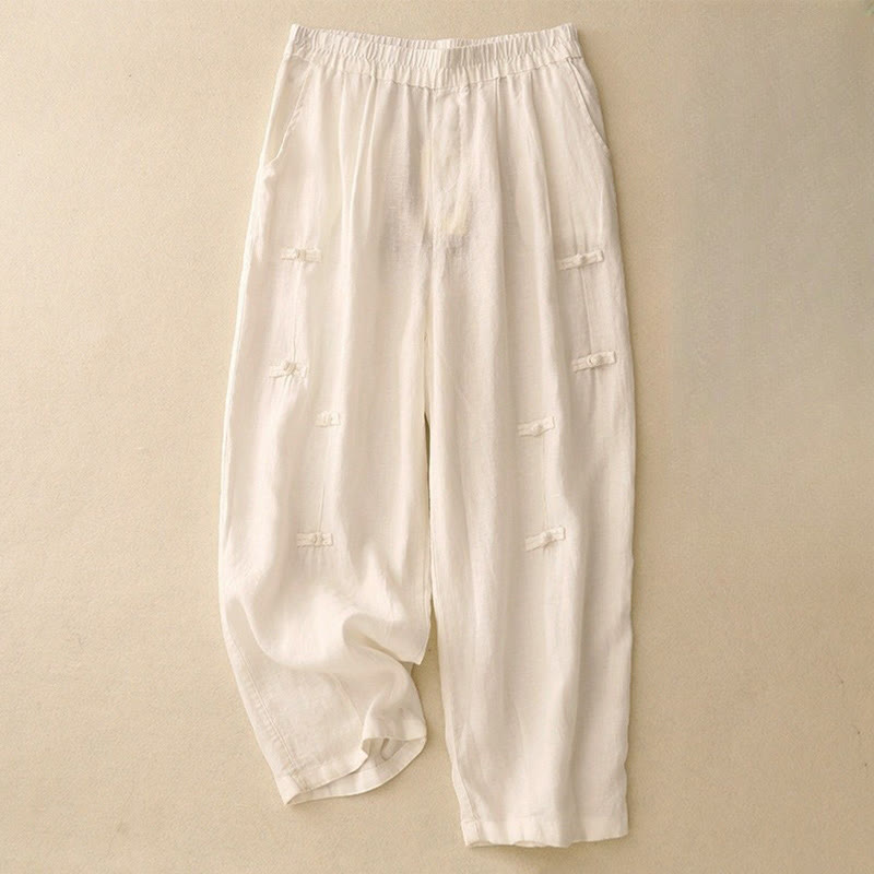 Pantalones harén de lino y algodón para mujer, informales, con diseño de botones de rana, de Buddha Stones, de largo 7-8 y bolsillos - Old Lace - US8-10，UK/AU12-14，EU40-42 (2XL) - image 3