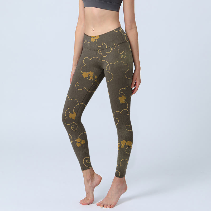 Leggings de yoga para mujer con estampado de hojas de arce y nubes auspiciosas con Buddha Stones - SaddleBrown - US18，UK/AU22，EU50 (4XL) - image 0