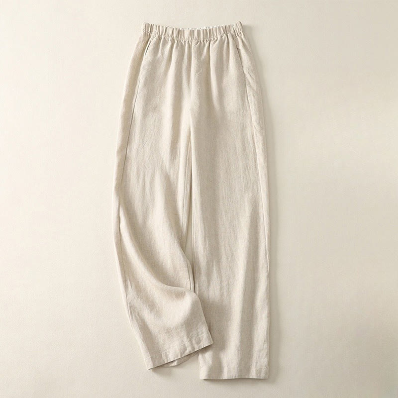 Pantalones de lino y algodón para mujer con diseño sencillo y sencillo de Buddha Stones Daily con bolsillos - Beige - US8-10，UK/AU12-14，EU40-42 (2XL) - image 0