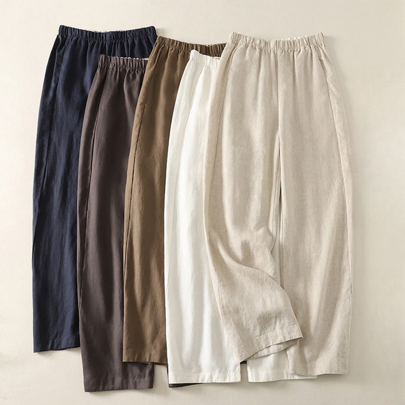 Pantalones de lino y algodón para mujer con diseño sencillo y sencillo de Buddha Stones Daily con bolsillos - image 20