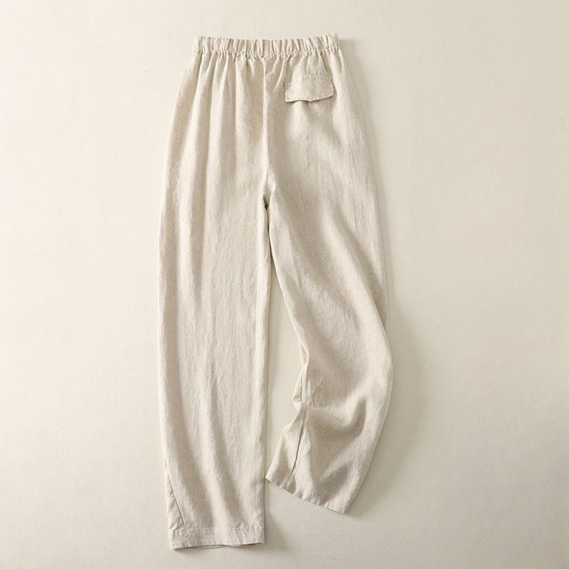 Pantalones de lino y algodón para mujer con diseño sencillo y sencillo de Buddha Stones Daily con bolsillos - image 1