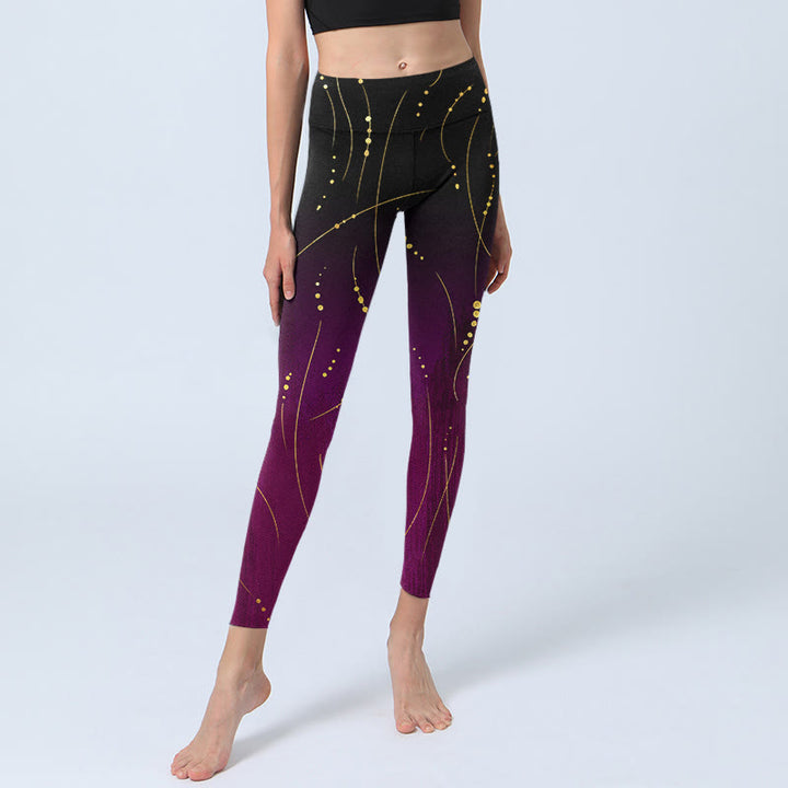 Leggings de yoga para mujer con estampado de líneas doradas finas y largas con degradado abstracto de Buddha Stones - image 5