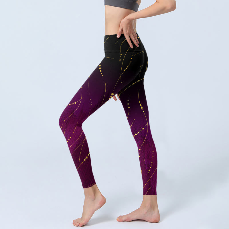 Leggings de yoga para mujer con estampado de líneas doradas finas y largas con degradado abstracto de Buddha Stones - image 2
