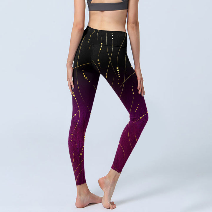 Leggings de yoga para mujer con estampado de líneas doradas finas y largas con degradado abstracto de Buddha Stones - image 4