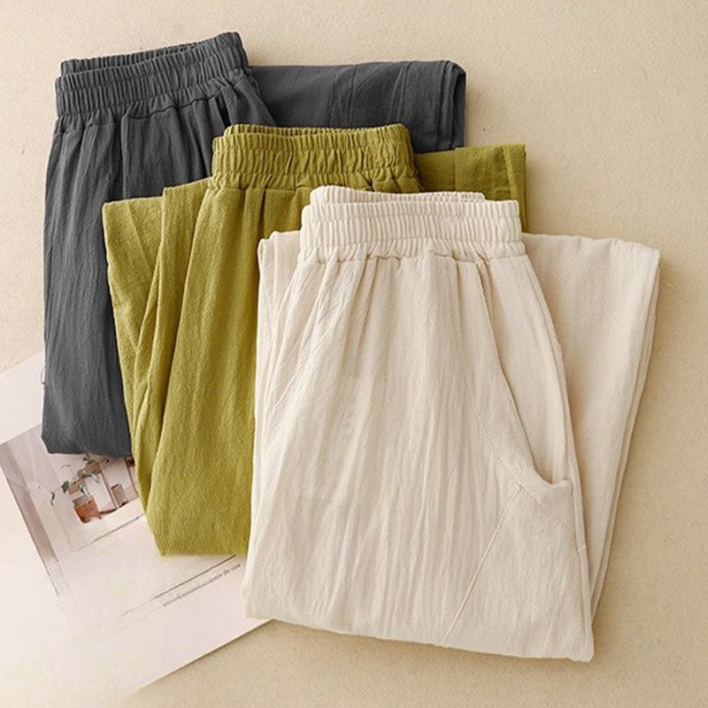 Pantalones de lino y algodón con cintura elástica para mujer, estilo diario, Buddha Stones, con bolsillos - image 17