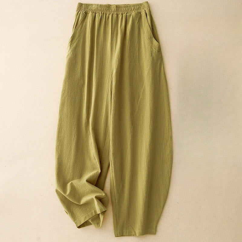 Pantalones de lino y algodón con cintura elástica para mujer, estilo diario, Buddha Stones, con bolsillos - Verde amarillento - US8-10，UK/AU12-14，EU40-42 (2XL) - image 0