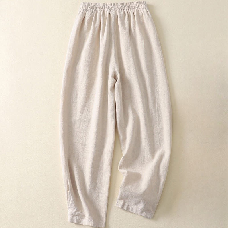 Pantalones de lino y algodón con cintura elástica de color liso para mujer con bolsillos de Buddha Stones Commute - image 1