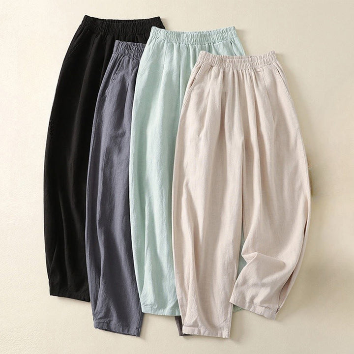 Pantalones de lino y algodón con cintura elástica de color liso para mujer con bolsillos de Buddha Stones Commute - image 19