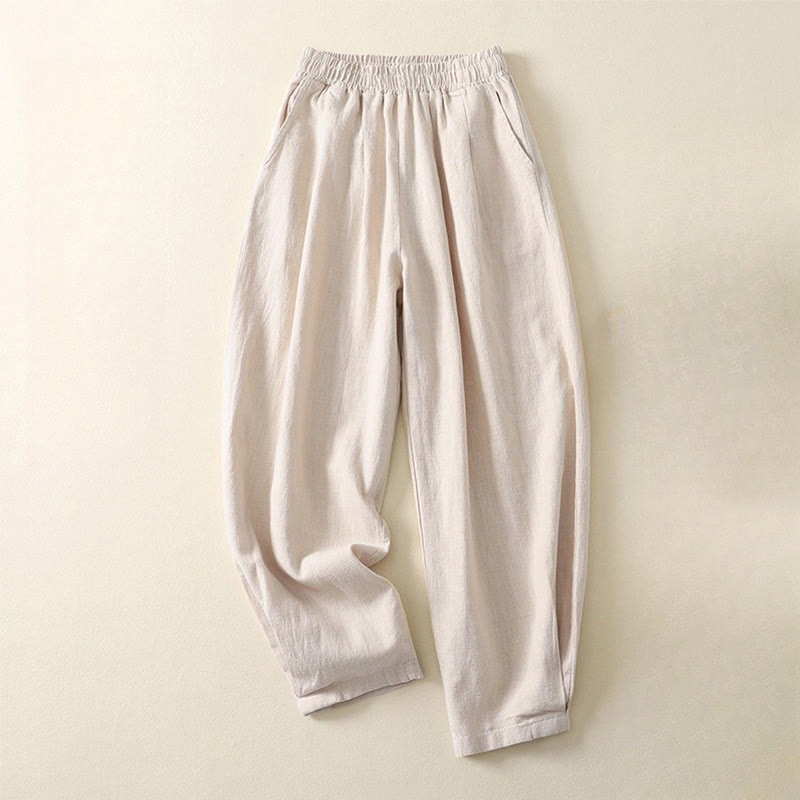 Pantalones de lino y algodón con cintura elástica, versátiles, informales, de color liso, para mujer, con bolsillos , de Buddha Stones - Beige - US8-10，UK/AU12-14，EU40-42 (2XL) - image 0