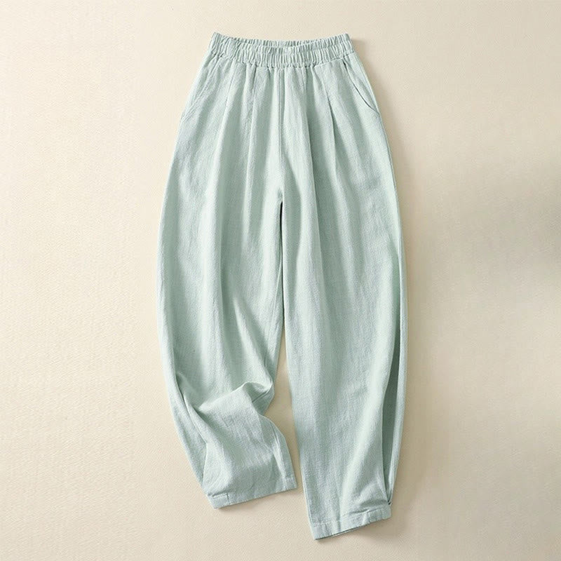 Pantalones de lino y algodón con cintura elástica de color liso para mujer con bolsillos de Buddha Stones Commute - Turquesa pálido - US8-10，UK/AU12-14，EU40-42 (2XL) - image 14