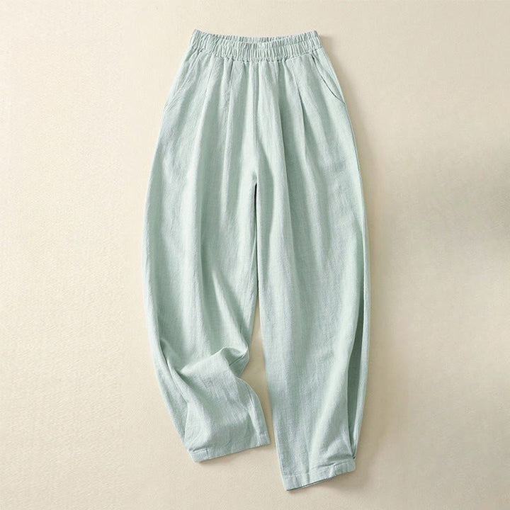 Pantalones de lino y algodón con cintura elástica de color liso para mujer con bolsillos de Buddha Stones Commute - Turquesa pálido - US8-10，UK/AU12-14，EU40-42 (2XL) - image 14
