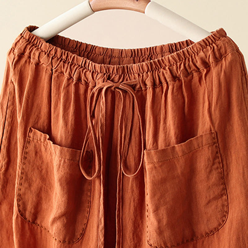 Pantalones anchos de Buddha Stones y algodón para mujer, informales, con diseño de arrugas y cordón ajustable, de 9 pulgadas de largo, con bolsillos. - image 2