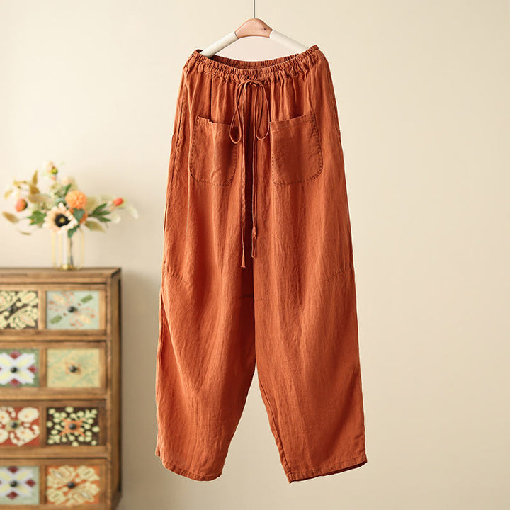 Pantalones anchos de Buddha Stones y algodón para mujer, informales, con diseño de arrugas y cordón ajustable, de 9 pulgadas de largo, con bolsillos. - Naranja oscuro - US8-10，UK/AU12-14，EU40-42 (2XL) - image 0