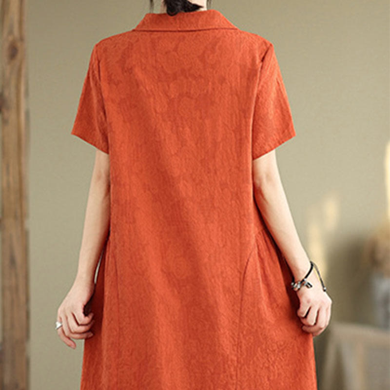Vestido midi de lino y algodón de manga corta con diseño jacquard liso y bolsillos con Buddha Stones