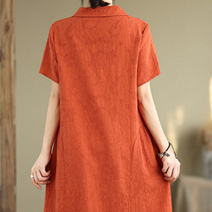 Vestido midi de lino y algodón de manga corta con diseño jacquard liso y bolsillos con Buddha Stones
