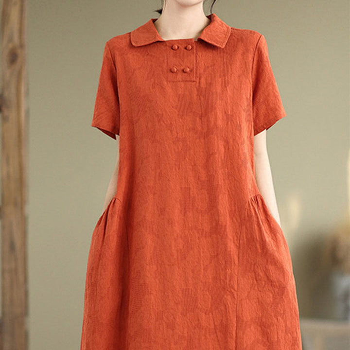 Vestido midi de lino y algodón de manga corta con diseño jacquard liso y bolsillos con Buddha Stones