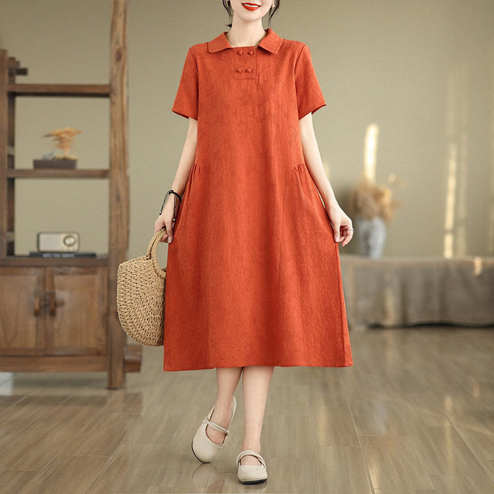 Vestido midi de lino y algodón de manga corta con diseño jacquard liso y bolsillos con Buddha Stones
