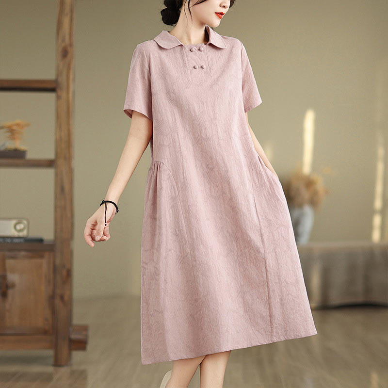 Vestido midi de lino y algodón de manga corta con diseño jacquard liso y bolsillos con Buddha Stones