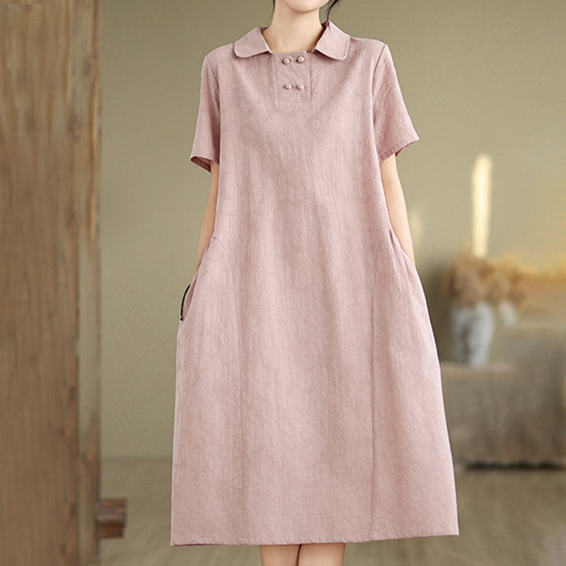 Vestido midi de lino y algodón de manga corta con diseño jacquard liso y bolsillos con Buddha Stones