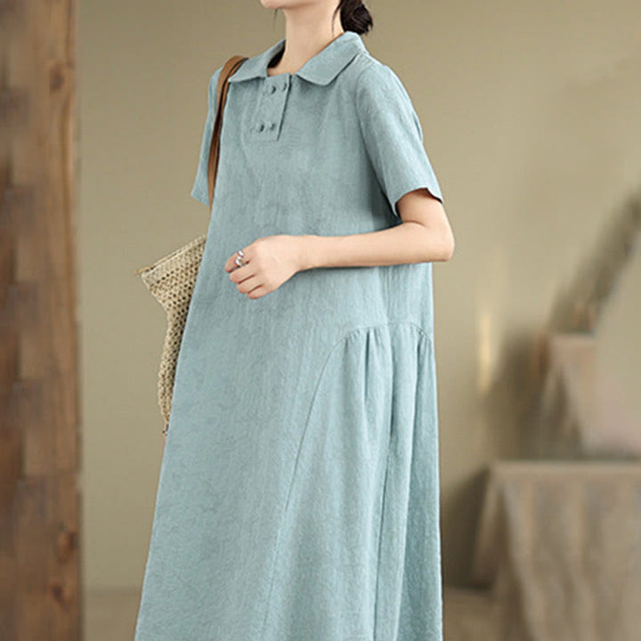 Vestido midi de lino y algodón de manga corta con diseño jacquard liso y bolsillos con Buddha Stones